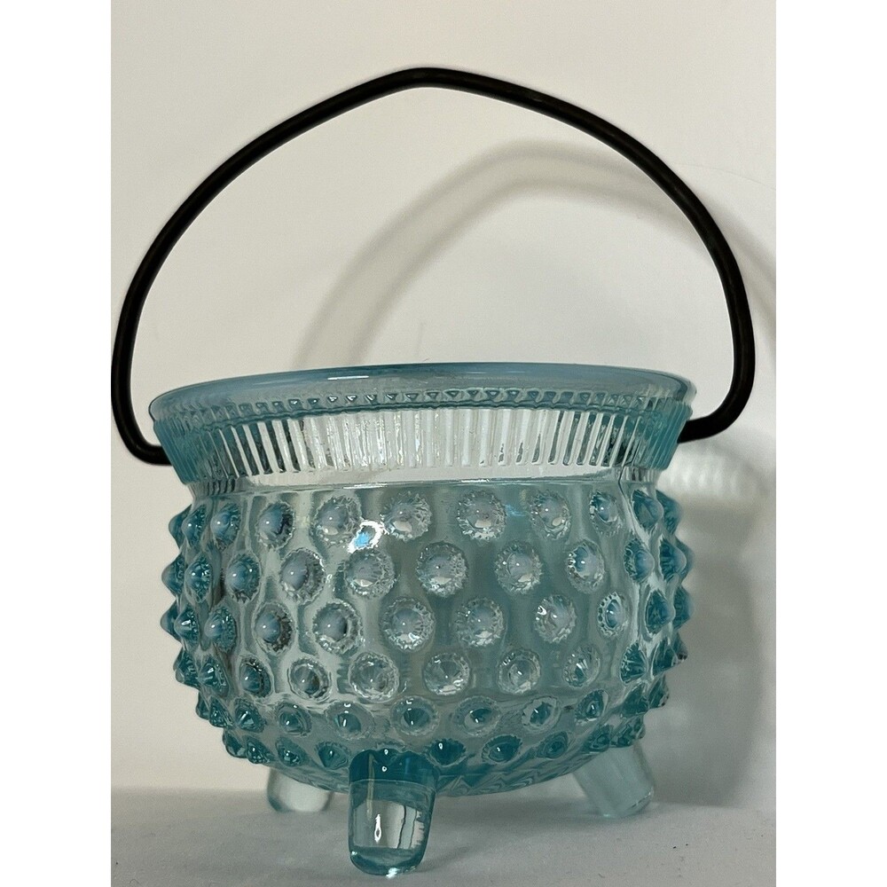 Blue Hobnail Glass Footed Decorative Round Bowl with Three Feet and Metal Handle